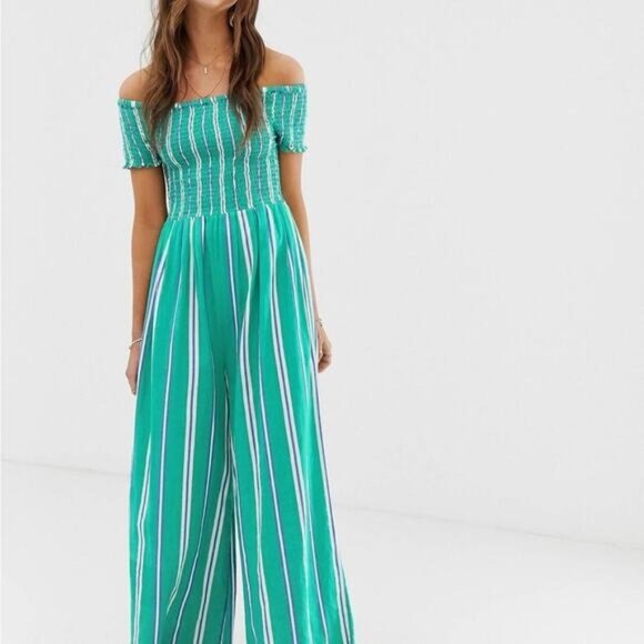 Cleobella Dresses & Skirts - Country Club Chic Cleobella Jade stripe bardot jumpsuit sz large